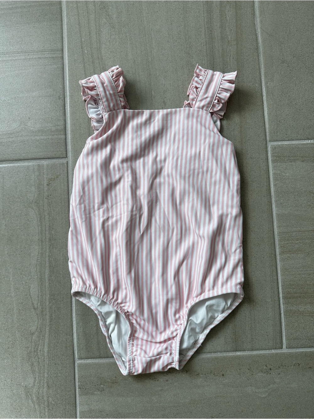 Girls Pink & White Striped Ruffle-Shoulder One-Piece Swimsuit